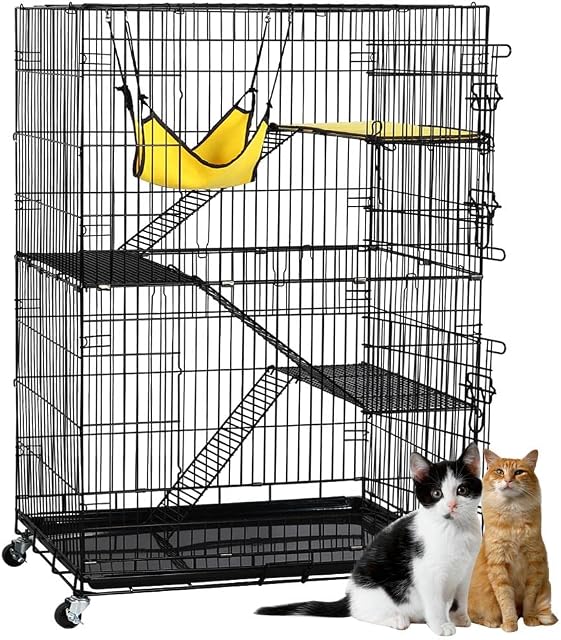 Yaheetech Cat Cage 123cm Metal Pet Cage on Wheels Rolling 4 Tiers Pet Cage with Double Layer Hammock/ 3 Ladder/Litter Tray/Brake Casters Travel Cat Cage Indoor/Outdoor, Black