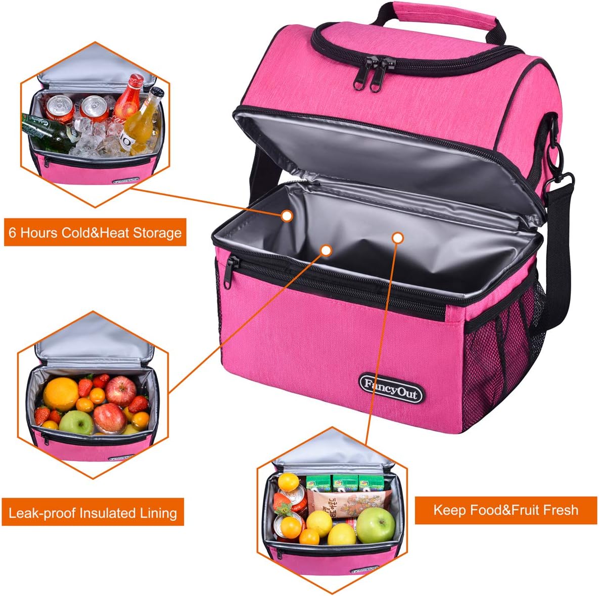 Insulated Lunch Bag with Dual Compartment, Leak Proof Liner Cooler Bag with Adjustable Shoulder Strap, Water-Resistant Lunch Box for Office/Picnic/Hiking/Beach (Style B-Pink)