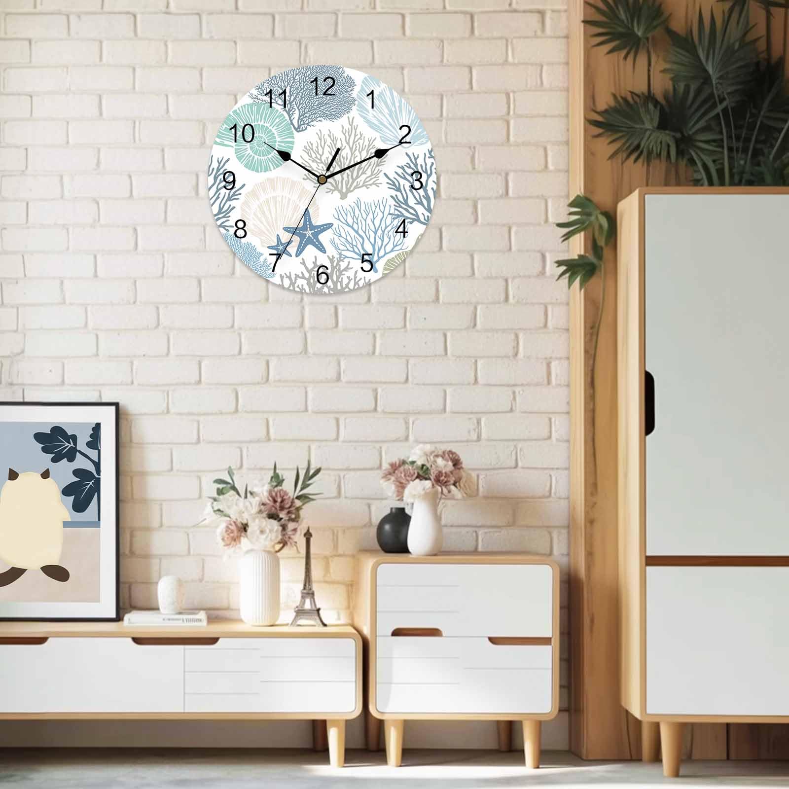 Orologio da parete in PVC con oceano costiero e corallo, silenzioso, senza ticchettio, funzionamento a batteria, orologio rotondo per casa, soggiorno, ufficio, cucina, camera da letto, bagno,