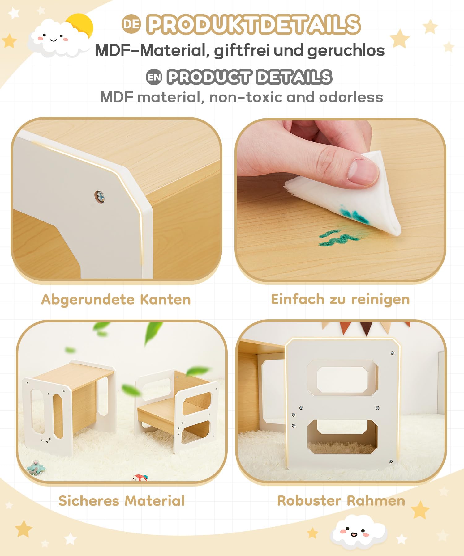 Yorbay Tisch und Stuhl Set für Kinder Kinderschreibtisch mit 1 Hockern, Kindersitzgruppe 3 in 1-Wendehocker & zum Kinderarbeitsplatz umwandelbarer Kinderbank, Kindermöbel(Natur, M)