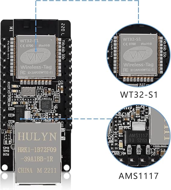 لوحة تطوير WT32-ETH01 ESP32، منفذ تسلسلي مدمج لدعم الوضع المزدوج لشبكة Ethernet وWi-Fi/Bluetooth