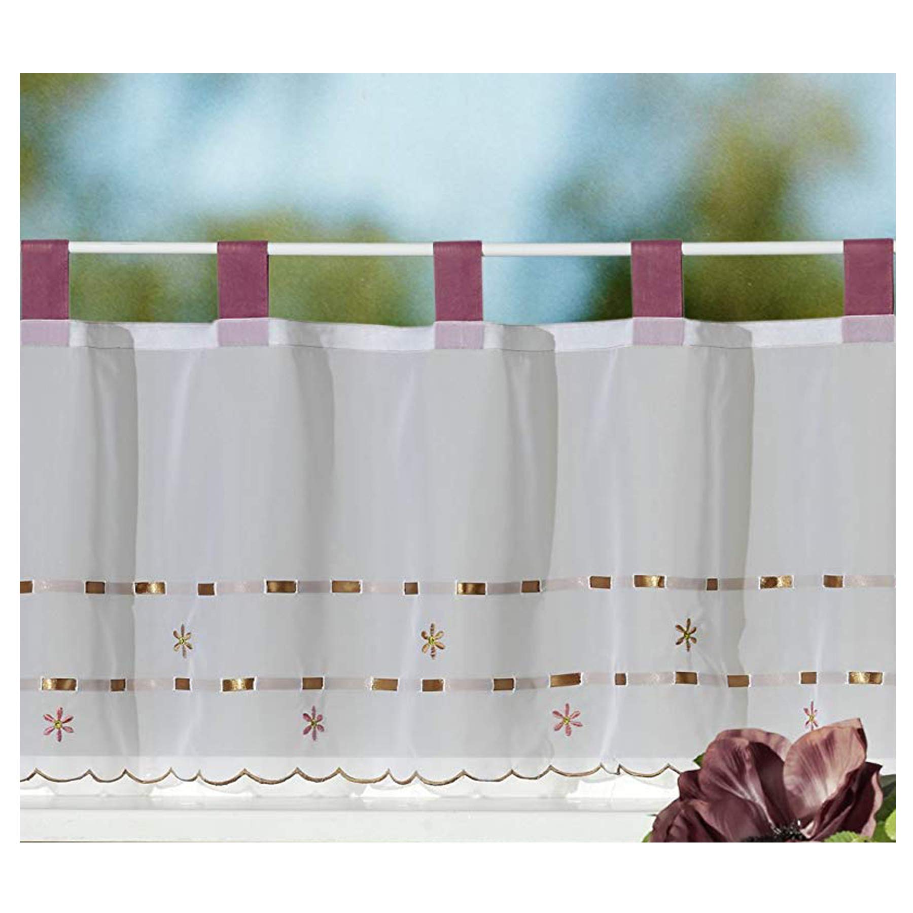 Tenda A Pannello Con Passanti Fashion&Joy – Voile Bianco Ricamato Con Fiori Rosa E Nastro Madreperla, 45x150 Cm