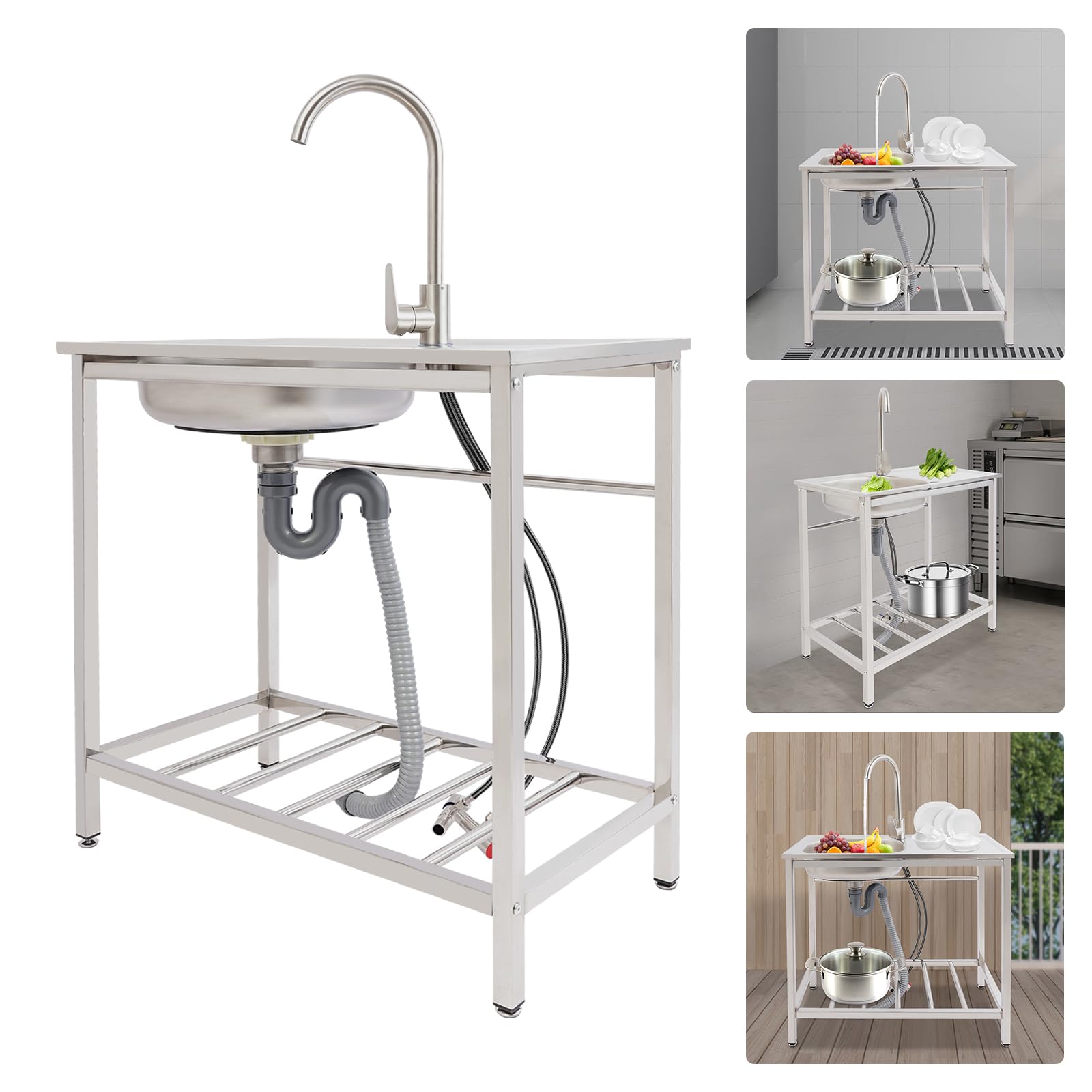 Lavabo autoportant en acier inoxydable, établi, station de lavabo, évier de cuisine simple avec robinet 360°, tuyaux d'eau froide, tuyaux d'eau chaude 75 x 40 x 75 cm