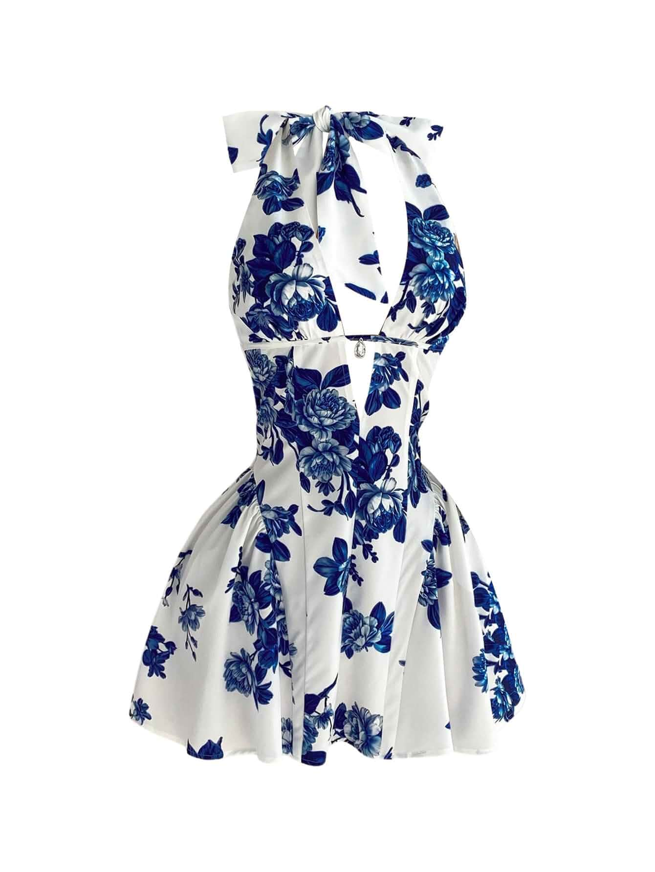 Floerns Women Cute Vintage Polka Dots V Neck Halter Backless Mini Dresses Birthday Dinner, Drop Waist, Brunch, Resort, Deep V Neck, Summer A Line Mini Dress