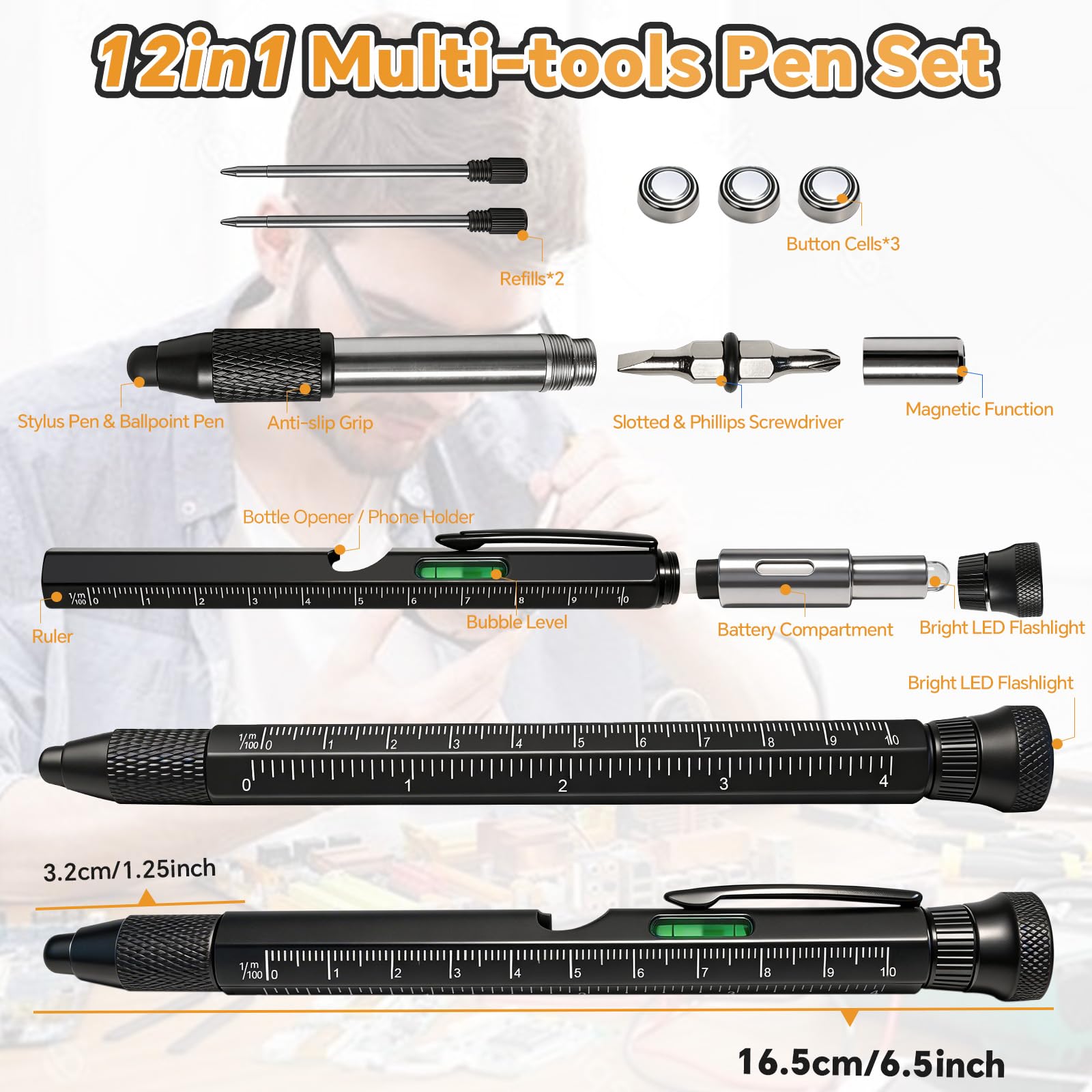 Penna Multifunzione 12 in 1 Gadget Uomo, Strumento Fidget Antistress
