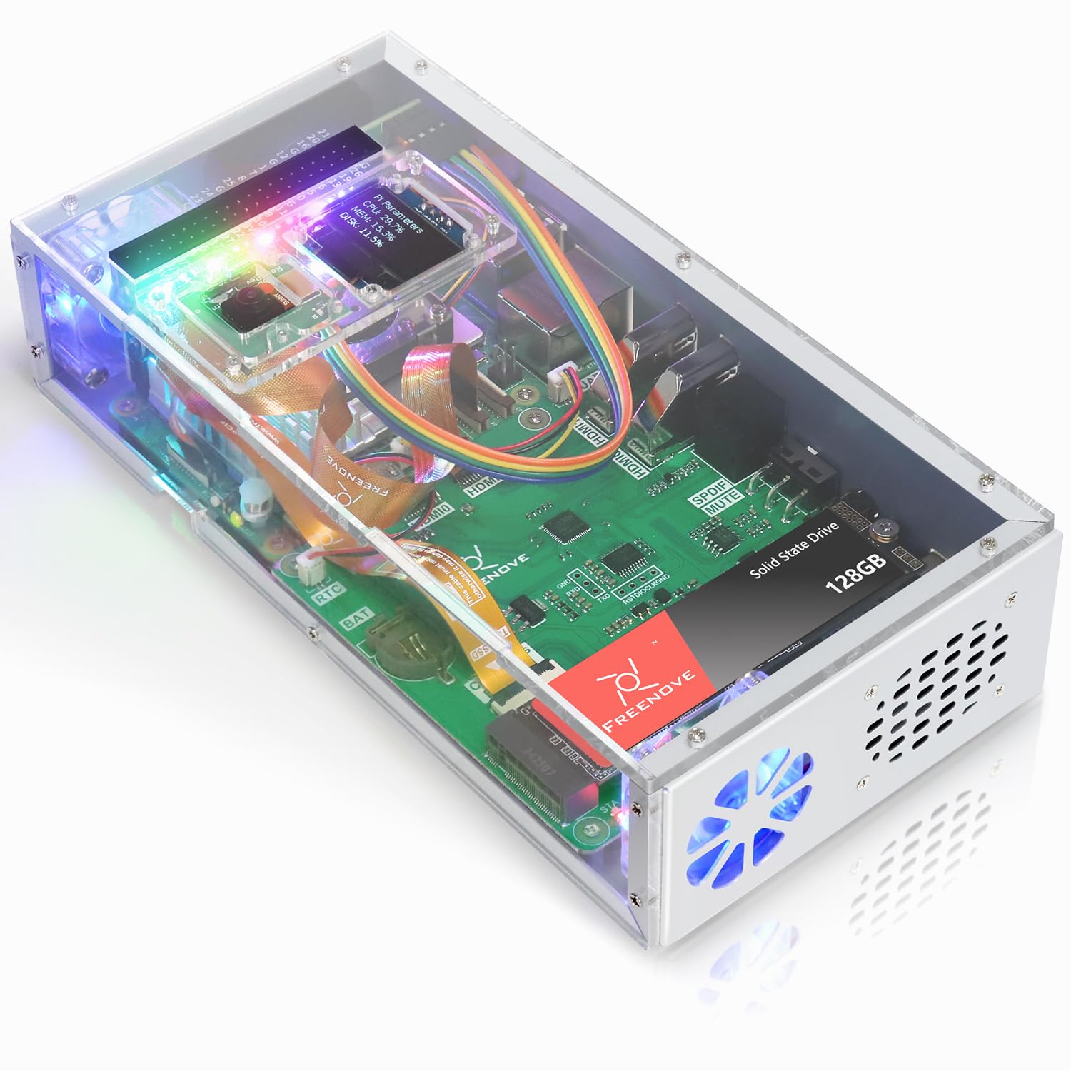 Freenove Computer Case Kit for Raspberry Pi 5 (Not Included), 128GB M.2 NVMe SSD 800 MB/s, 4.3 Inch Touchscreen, 5 MP Camera, OLED Screen, Stereo Speakers, 3.5 mm and Optical Audio (S/PDIF) — view 8