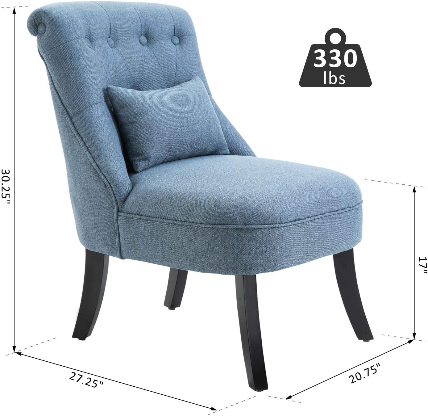 HOMCOM Small Button-Tufted Accent Chair Mid-Back Leisure Armchair with Upholstered Fabric, Solid Wood Legs, and Support Pillow, Blue