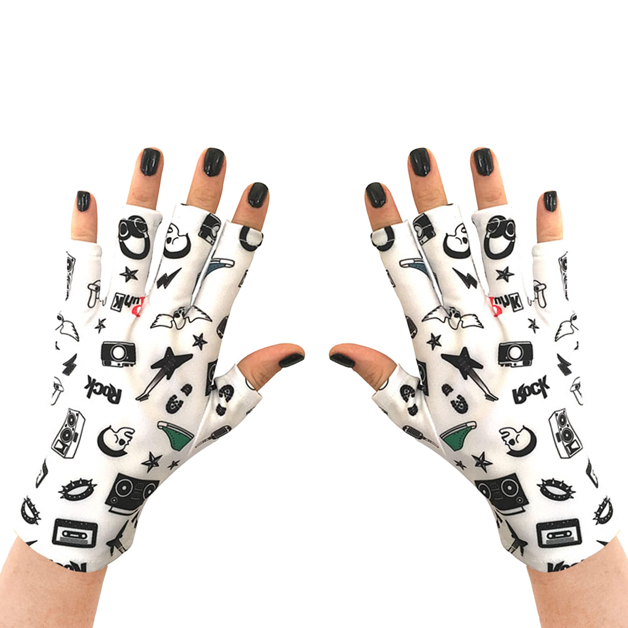 ManiGlovz - Anti UV Gloves for Gel Manicures Using Gel Lamp Dryers, Driving, Lounging and More, Fingerless Gloves That Shield Skin from The Sun and Nail Lamp, Outdoor Gloves, Rock On Print