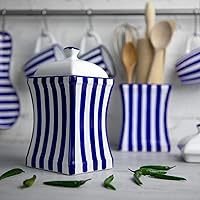 Vista 2 de City to Cottage Tarro grande de cerámica hecho a mano con tapa de 31.5 onzas / 30.4 fl oz con rayas azul marino oscuro Recipiente de cerámica