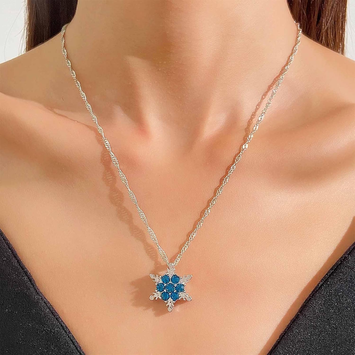Boho Snowflake Pendant Necklace Silver Blue Cz Snowflake Necklace Rhinestone Snow Flower Necklace Crystal Snowflake Necklace Sparkly Necklace Jewelry for Women - Image 2
