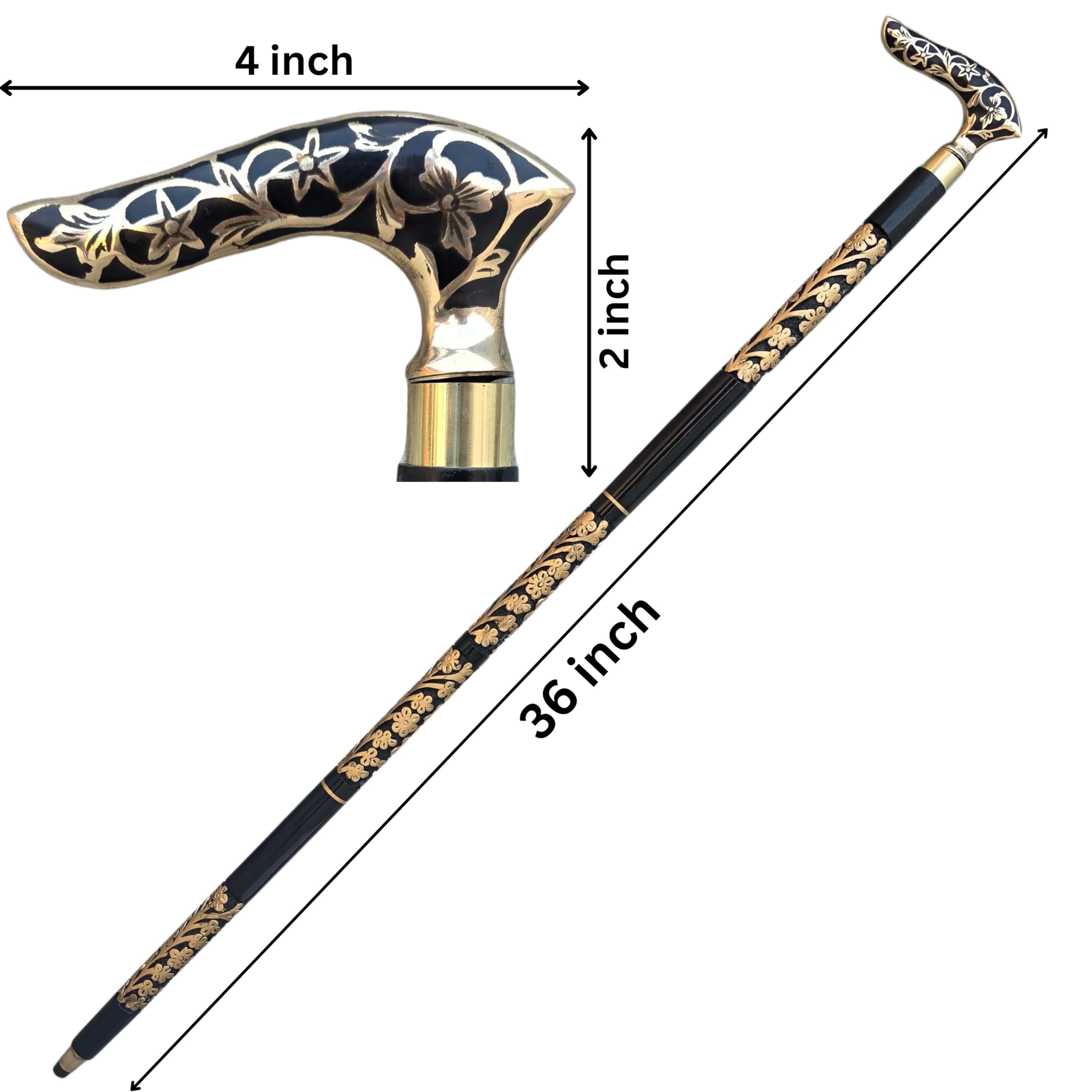Gehstock im viktorianischen Stil, 91,4 cm, faltbarer 3-teiliger schwarzer Stock mit floralem Gravur, Messinggriff, antikes Gold-Finish
