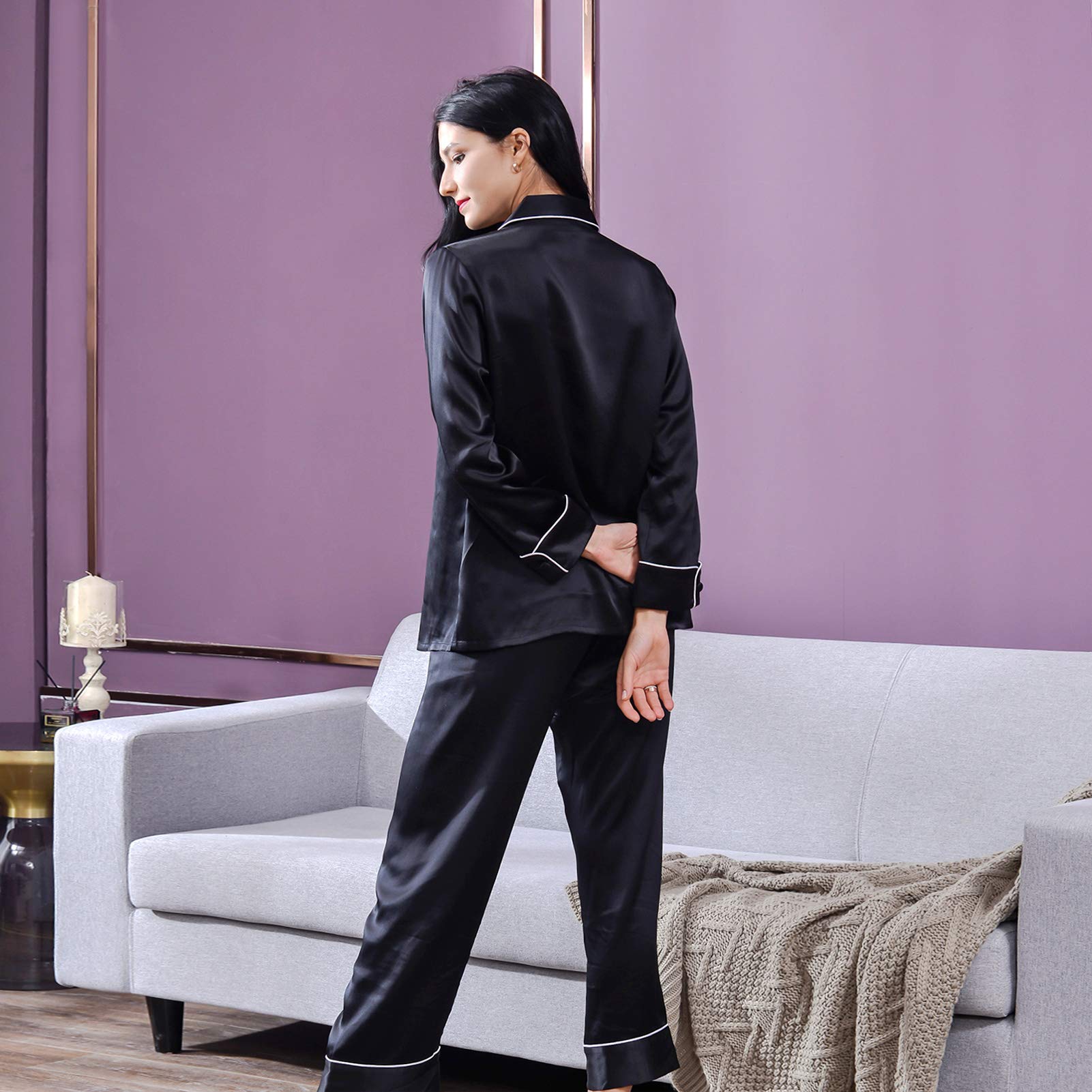THXSILK Seide Pyjama Set Damen Schlafanzug Lang aus 100% Seide 19 Momme V-Ausschnitt Zweiteiliges Nachtwäsche Langarm