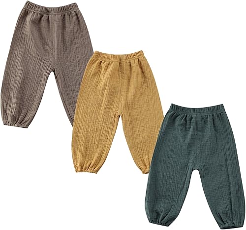 Miniatura 7 de Paquete de 3 pantalones de algodón y lino para bebés, niños y niñas, color liso, básico, de bambú, ropa para bebés