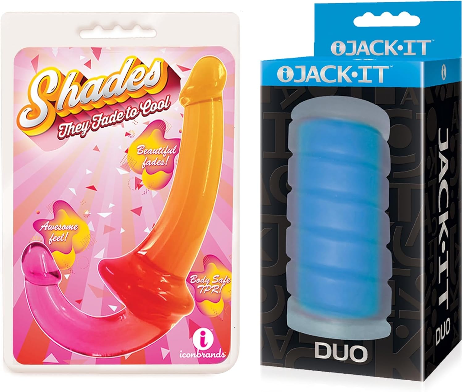 Sex Toy Couples kit of Shades Jelly TPR Gradient Strapless Strap On - Pink/Yellow and Icon Brands Jack-It Duo, Sky Blue