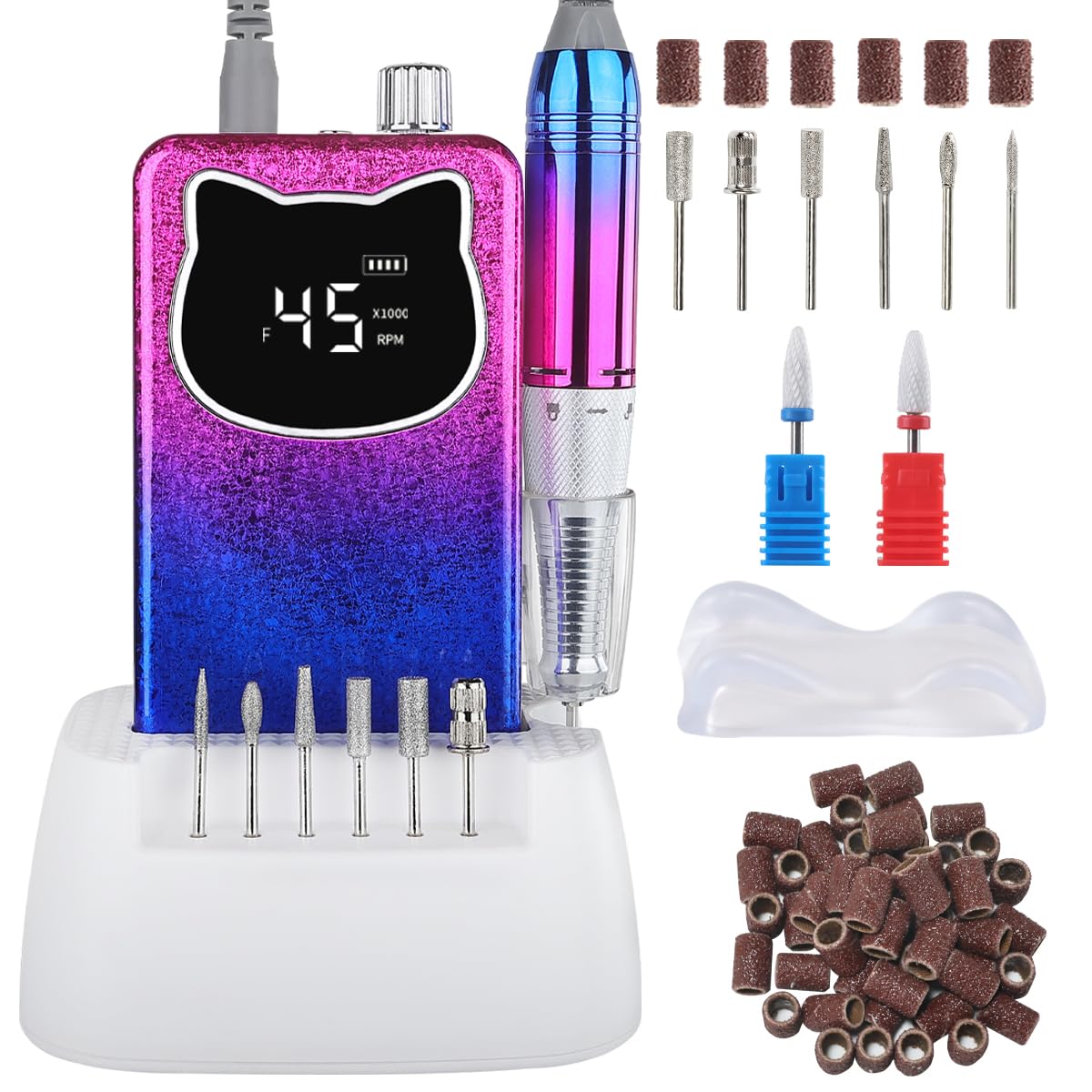 Professional Nail Drill File 45000RPM Electric Portable Kit with Rechargeable 8 uñas Bits Cordless Efile for Gel Acrylic Remover Home Salon Manicure Base Tool (Snowflake Blue and Charging Base)