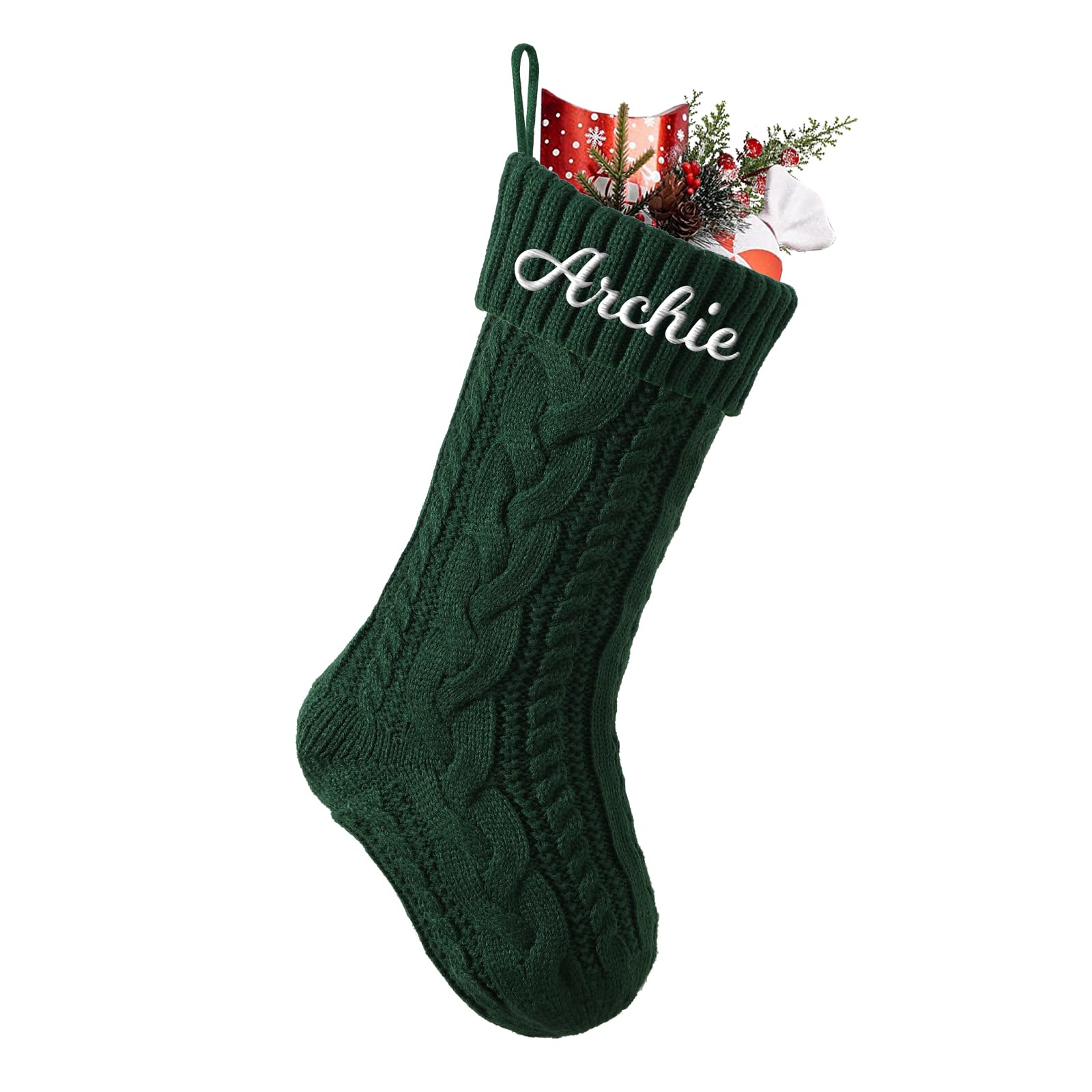 Cysincos Personalized Christmas Stockings Custom Name Family Christmas Stockings 18" Large Knitted Xmas Fireplace Hanging Stocking, Stocking for Holiday Family Party Decoration,Dark Green — image 1