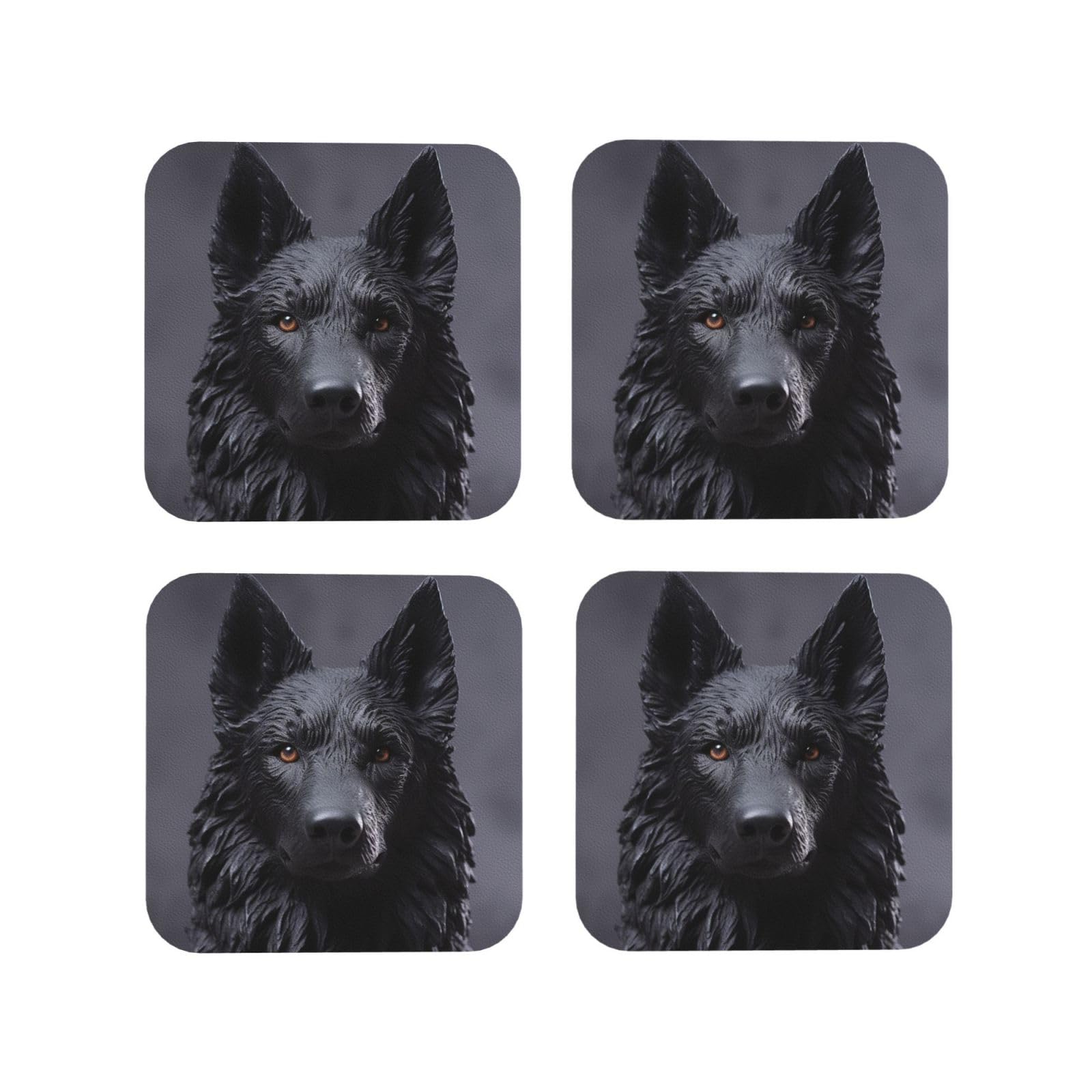 4Pcs PU Leather Coaster for Drinks, Black German Shepherd Cup Coastersr 4" Cup Mat Pad, Aesthetic Drink Coasters for Coffee Table, Square Coaster for Tabletop Protection
