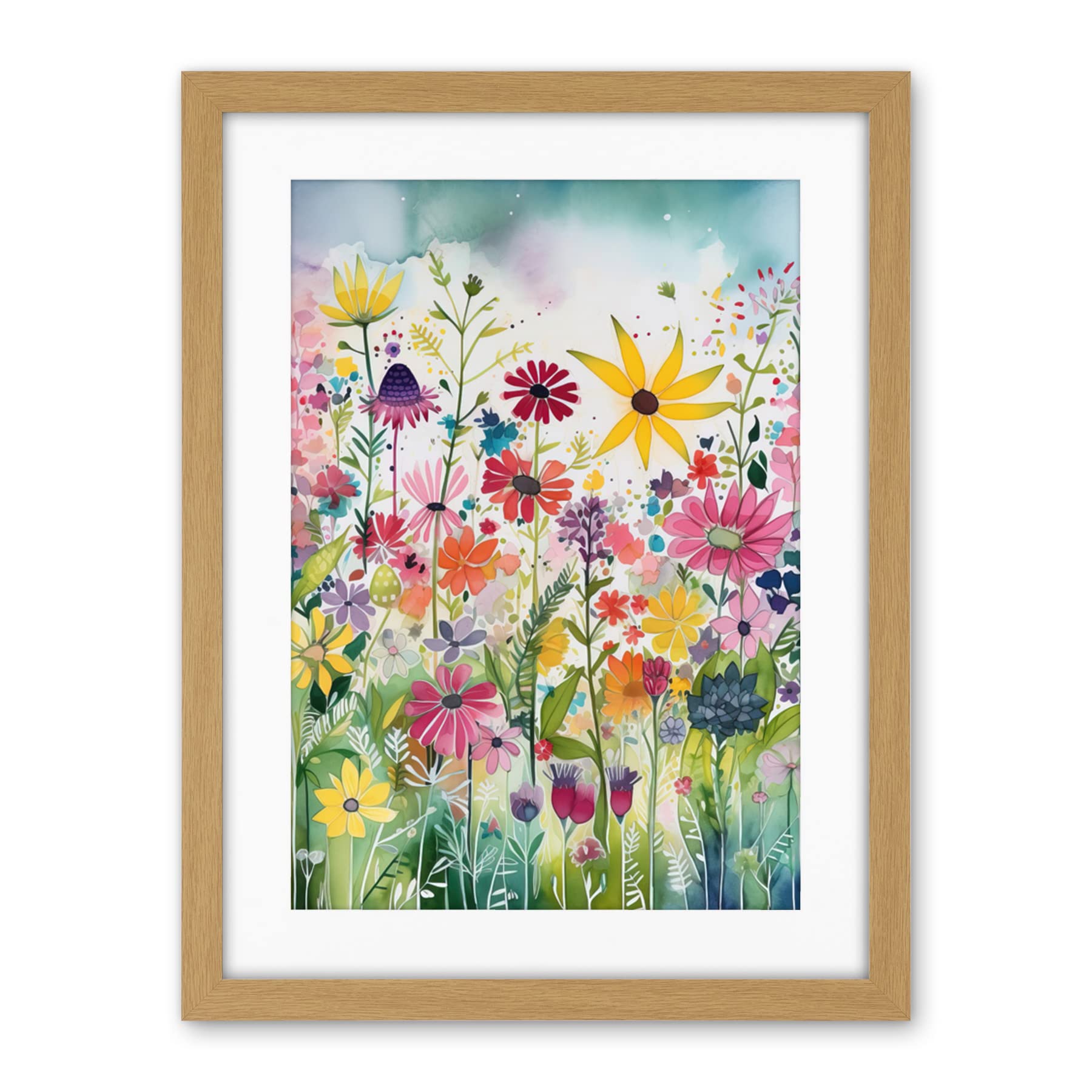 Artery8 Bright Wildflower Floral Blooms Folk Art Artwork Framed Wall Art Print 18X24 Inch