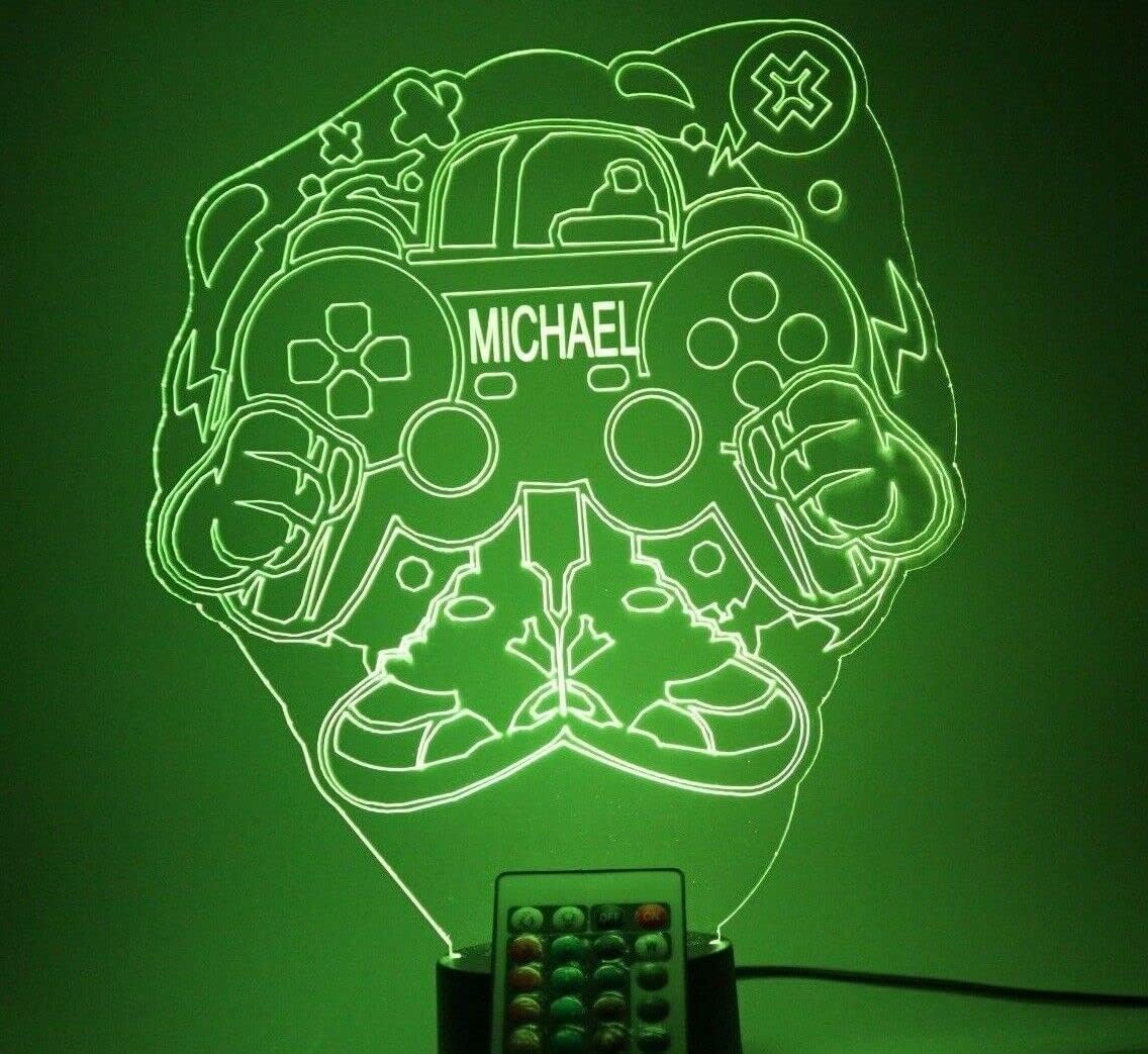 Video Game Controller Computer Gamer Name Gamertag Gaming Room Games Night Light Up Table Desk Lamp LED Free Engraved Custom Personalized Room Decor With Remote, 16 Color Options, It's WOW