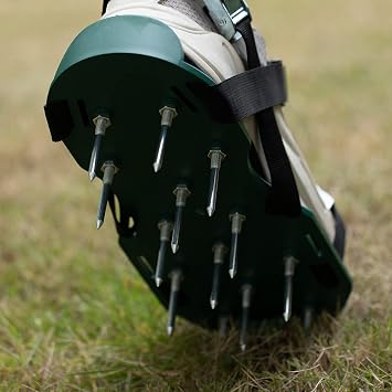 Lawn and Garden Aerator Spike Shoe with 3 Metal Buckle Straps, Green Spiked Sandal