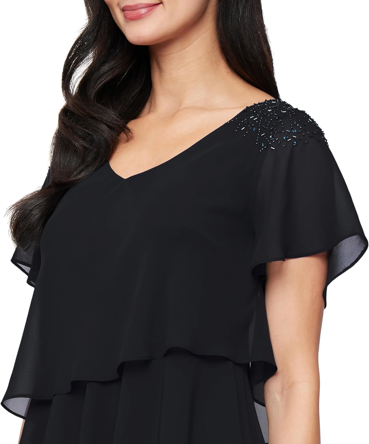 S.L. Fashions Womens V-Neck Chiffon Cocktail Dress with Beaded Shoulders and Asymmetrical Tiers (Petite and Regular Sizes) - Image 3