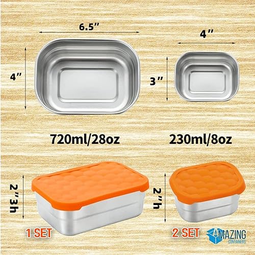 Miniatura 2 de Recipientes de alimentos de acero inoxidable con tapas Juego de 3 (28 onzas, 2 x 8 onzas), contenedor de almuerzo de acero para niños y adultos,