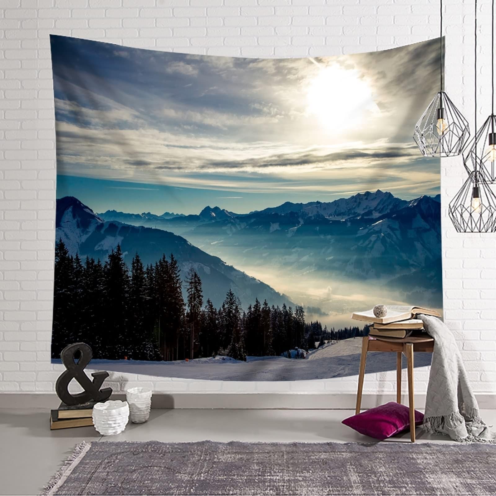 Dekoracja pokoju 3D szare dekoracje do sypialni śnieżna górska sceneria XXL mikrofibra szer. 137 cm x wys. 100 cm (350 x 256 cm)