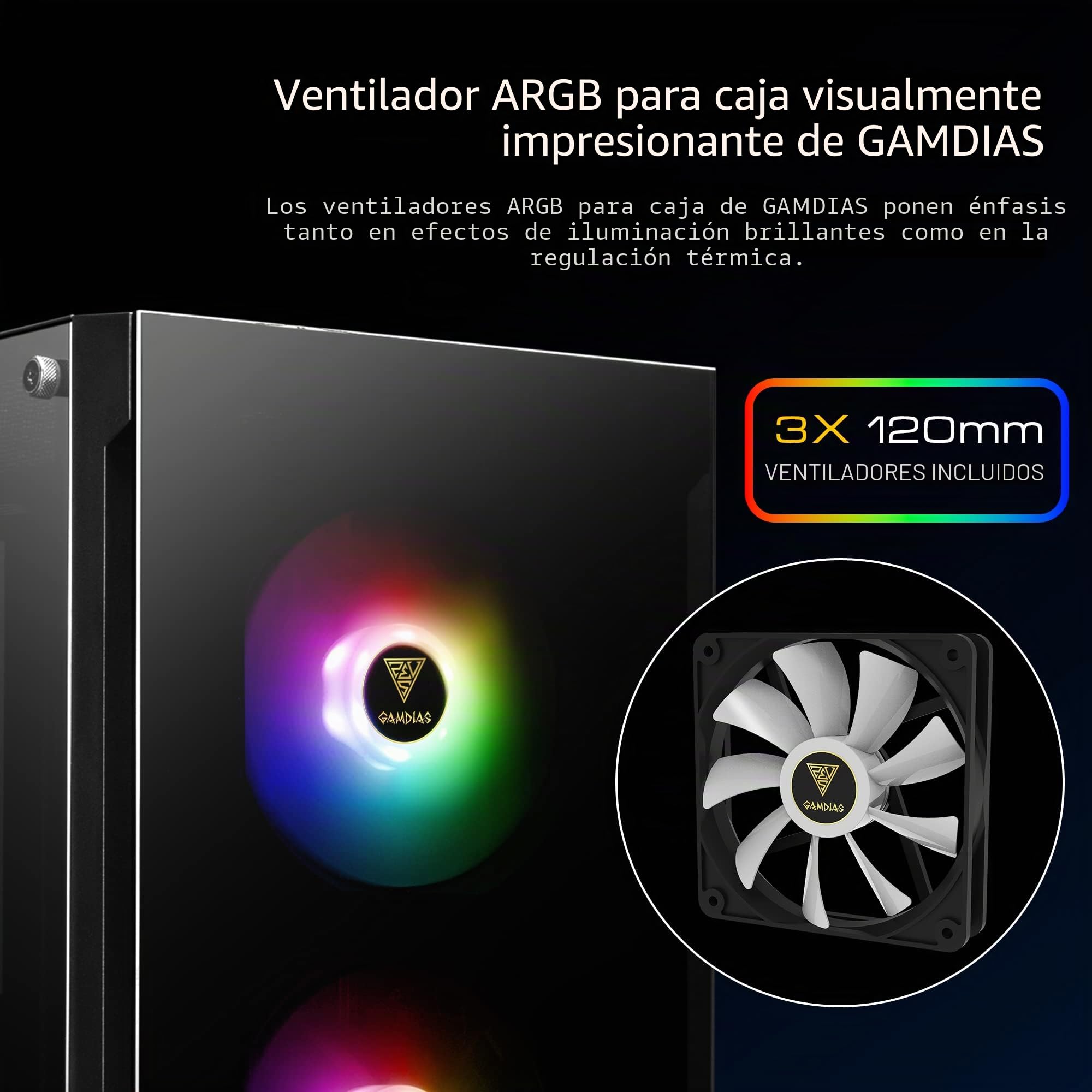 GAMDIAS TALOS E3 Caja para PC ATX Mid Torre, 3 Ventiladores ARGB 120 mm, Panel Vidrio Templado sin Herramientas, Soporte ATX, Diseño con Cubierta de PSU, Negro