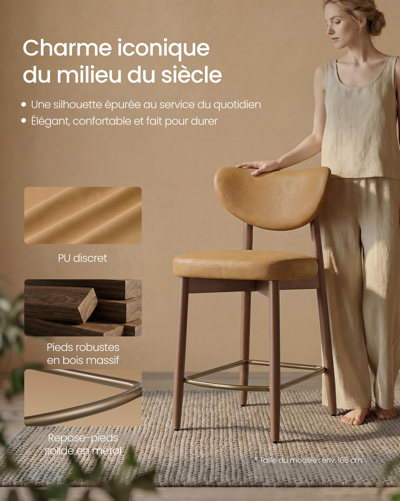 VASAGLE Tabourets de Bar, Bois Massif, avec Dossier, Lot de 2