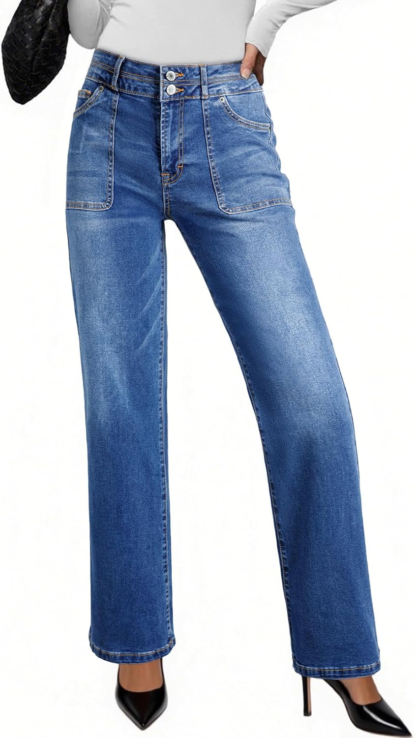 EVALESS Women's Wide Leg Jeans High Waisted Straight Leg Jeans Trendy Stretchy Loose Zimbaplatinum Denim Pants with Pockets