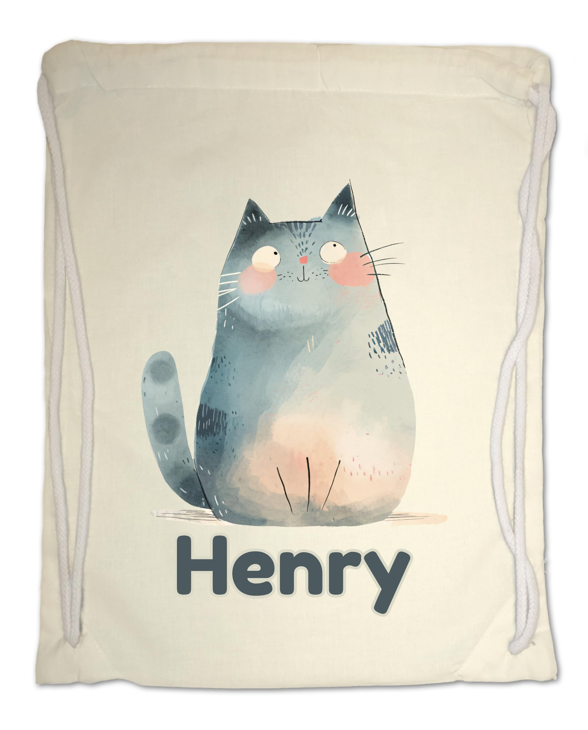 Personalised Any Name Cat Gym Bag for Kids - Ideal for School, Nursery, Travel, Swimming. 100% Cotton (Natural)