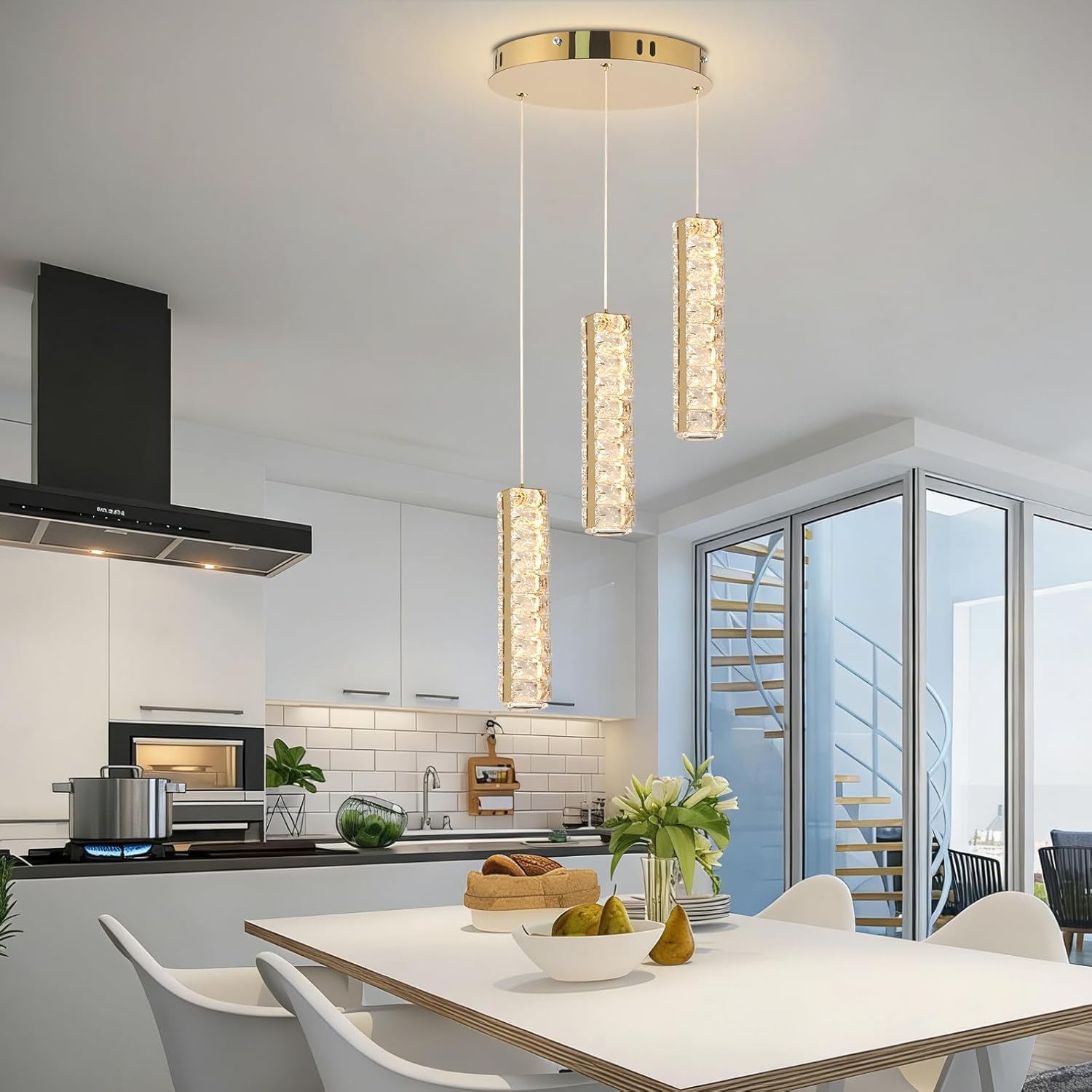 3 Light Crystal Chandelier, Remote Dimmable LED Pendant Light, 3000K-6000K, 20W, 85-265V, Ø250mm Ceiling Plate, Modern Raindrop Light for Dining Room Kitchen Island Hallway