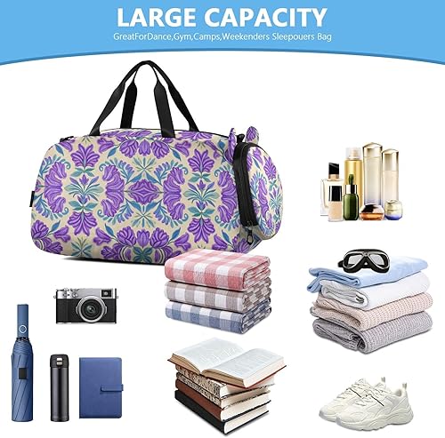 Vista 5 de Trendy Vintage Flower Lavender Blue1 Duffel Bag with Shoes Compartment Large Capacity Carry On Overnight Bag for Boys and Girls bolsos deportivos