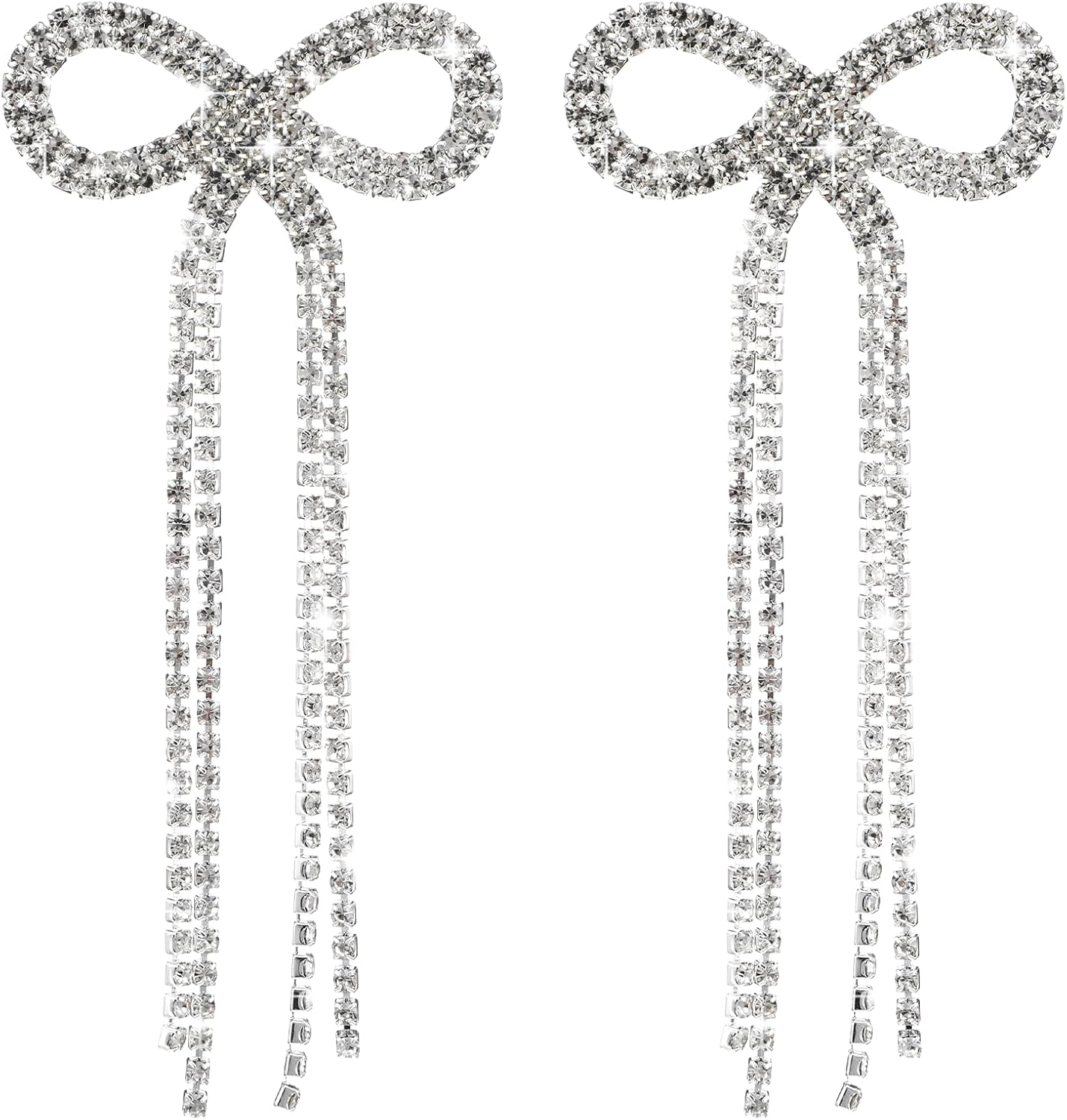 Silver Rhinestone Bow Earrings, Rhinestone Long Tassel Earrings, Ribbon Waterfall Dangling Earrings, Sparkly Elegant Bowknot Crystal Jewelry, Prom Wedding Party Gifts for Women