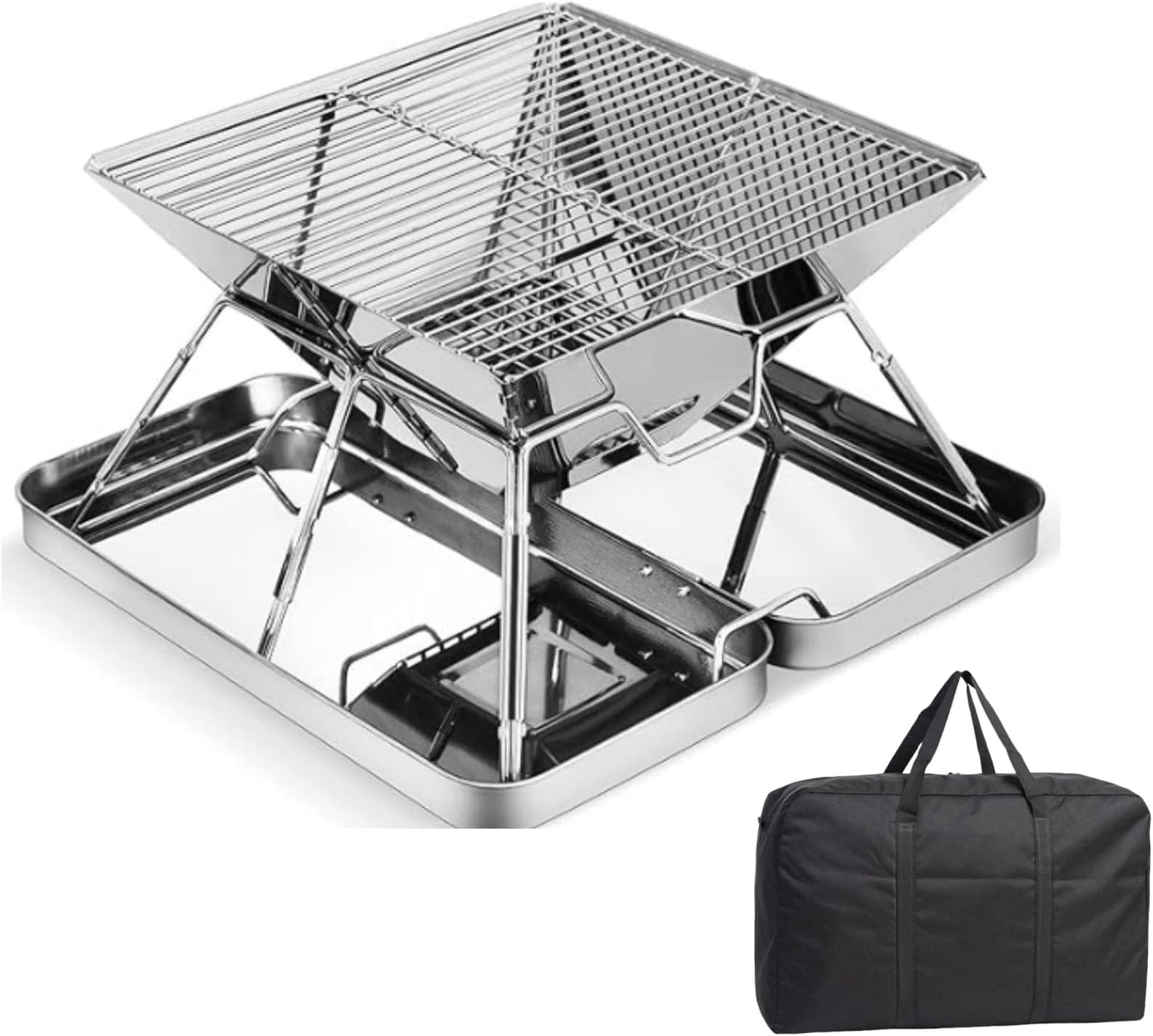 ROUNY Portable Folding Charcoal Grill, Folding Stainless Steel Camping Fire Pit, Backpacking Grill for Outdoor Cooking Hiking Camping Picnics with Carrying Bag - Silver