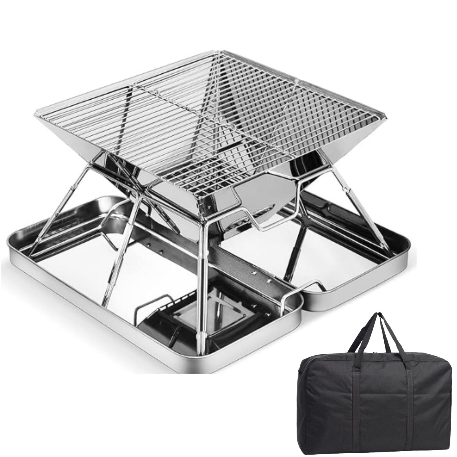 ROUNY Portable Folding Charcoal Grill, Folding Stainless Steel Camping Fire Pit, Backpacking Grill for Outdoor Cooking Hiking Camping Picnics with Carrying Bag - Silver