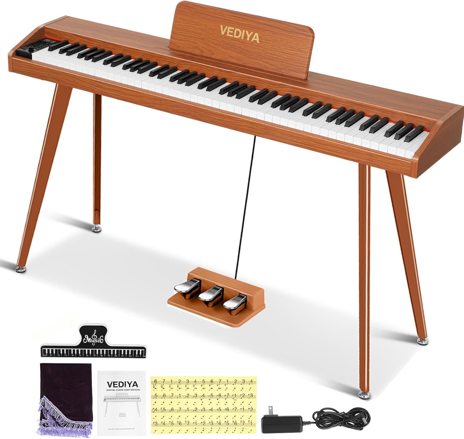 88 Key Digital Piano Keyboard, Semi-Weighted Electric Piano, Full Size Piano Keyboard for Beginners with Triple Pedal, Sheet Music Stand, USB-MIDI Compatibility (Classic Brown)