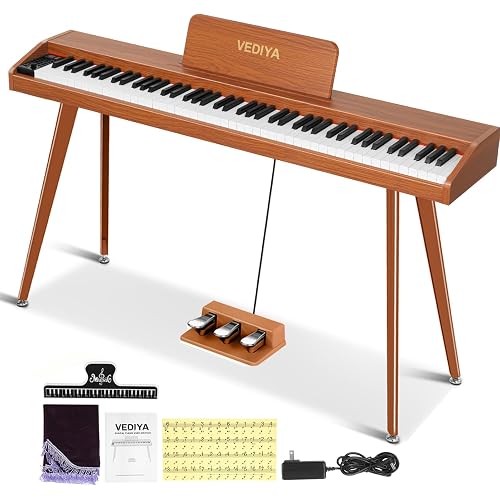 88 Key Digital Piano Keyboard, Semi-Weighted Electric Piano, Full Size Piano Keyboard for Beginners with Triple Pedal, Sheet Music Stand, USB-MIDI Compatibility (Classic Brown)