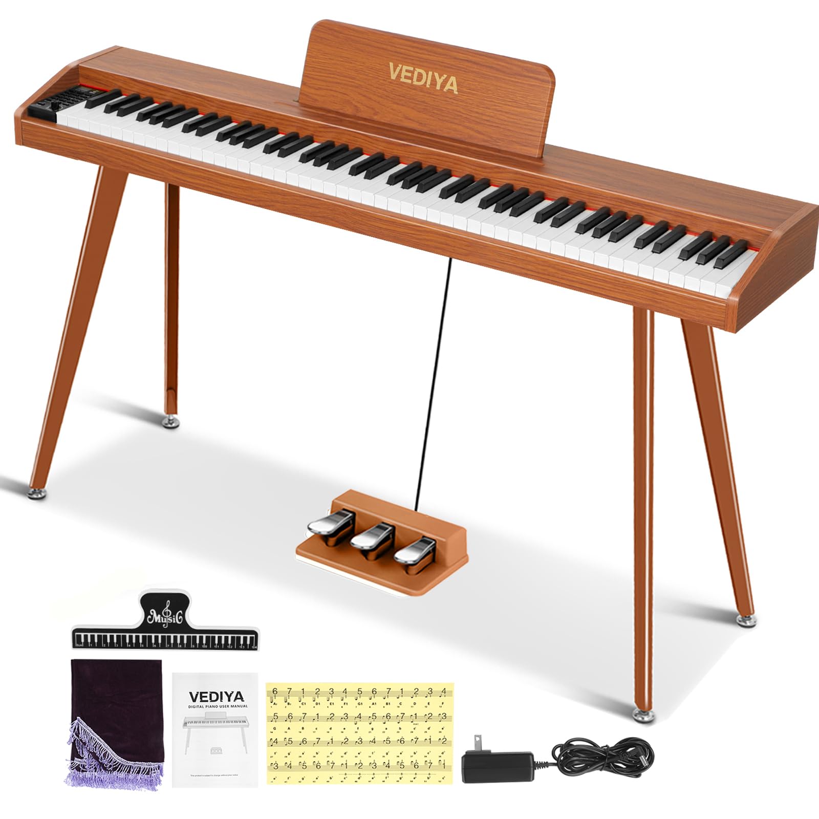 88 Tasten Digital Piano Keyboard, Semi-Weighted Electric Piano, Full Size Piano Keyboard for Beginners with Triple Pedal, Sheet Music Stand, USB-MIDI Compatibility (Classic Brown)