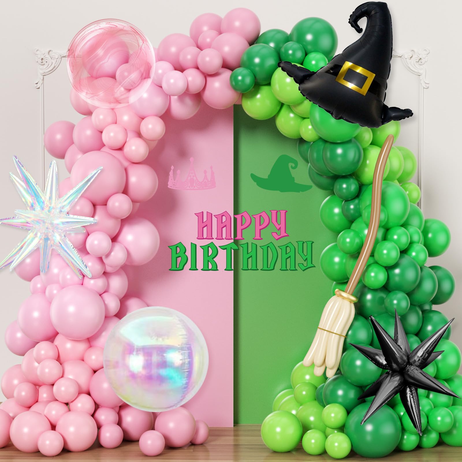 JOGAMS 218pcs Pink and Green Balloon Arch Garland Kit with 4D Ball Iridescent Exploding Star Bubble Wizard Hats 260 Balloons for Princess Witch Themed