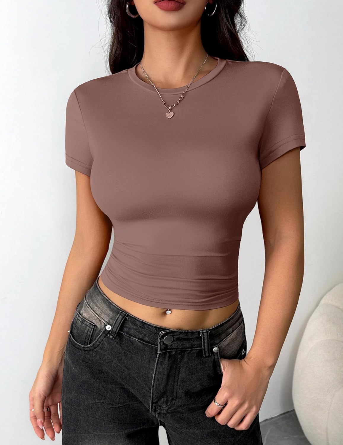 Zeagoo Women Crewneck Slim Fitted Short Sleeve T Shirts Cute Stretchy Bodycon Basic Tee Tops - Image 2