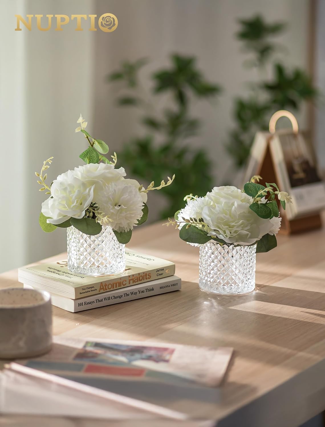 NUPTIO Small Fake Flower in Vase: 6 Pcs Silk Artificial Flowers with Clear Glass Vases for Living Room Bathroom Office Decor - Faux Rose Mums Floral Arrangements Wedding Dining Table Centerpiece