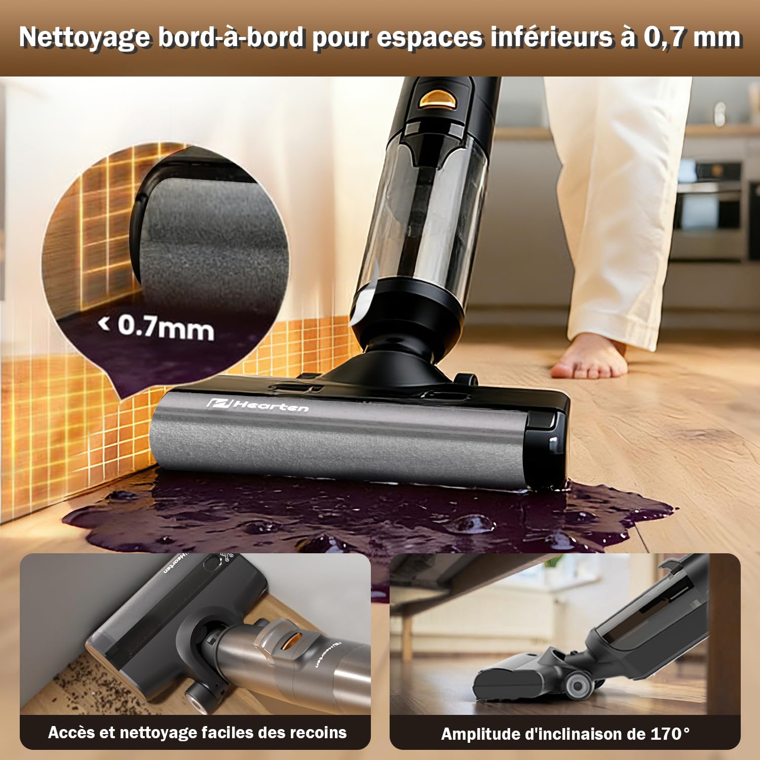 Hearten Aspirateur Laveur,Autonettoyant/Affichage à LED,sans Fil,Aspirateur et Laveur,Anti-enchevêtrement,pour sols durs et familles avec Animaux domestiques et Enfants
