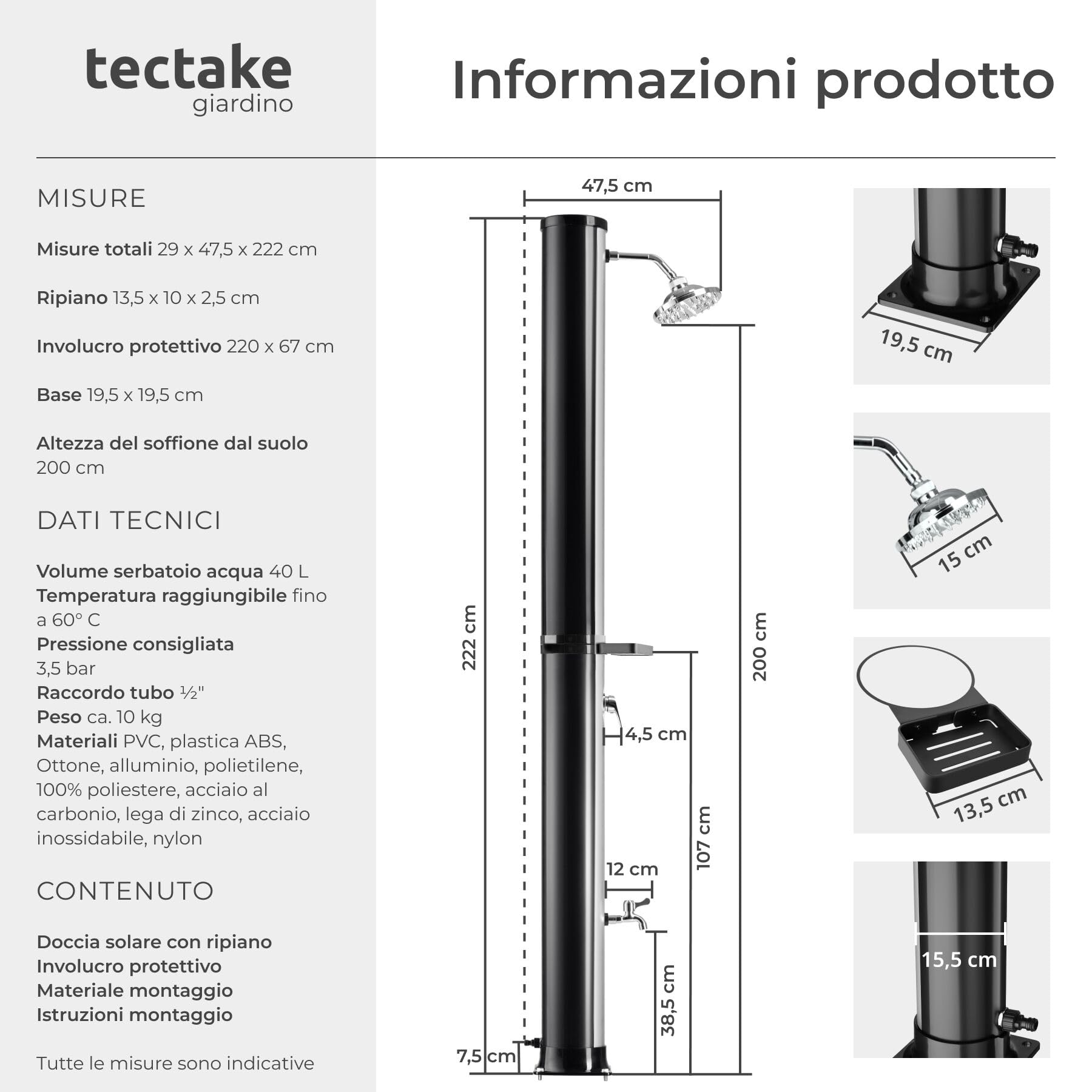 tectake® Doccia Solare da Giardino 40 Litri, Soffione Doccia Orientabile 360°, Accessori Giardino Esterno Campeggio Piscina, con Cover Protettiva, Portasapone, Rubinetto, Attacco Acqua - Nero/Argento