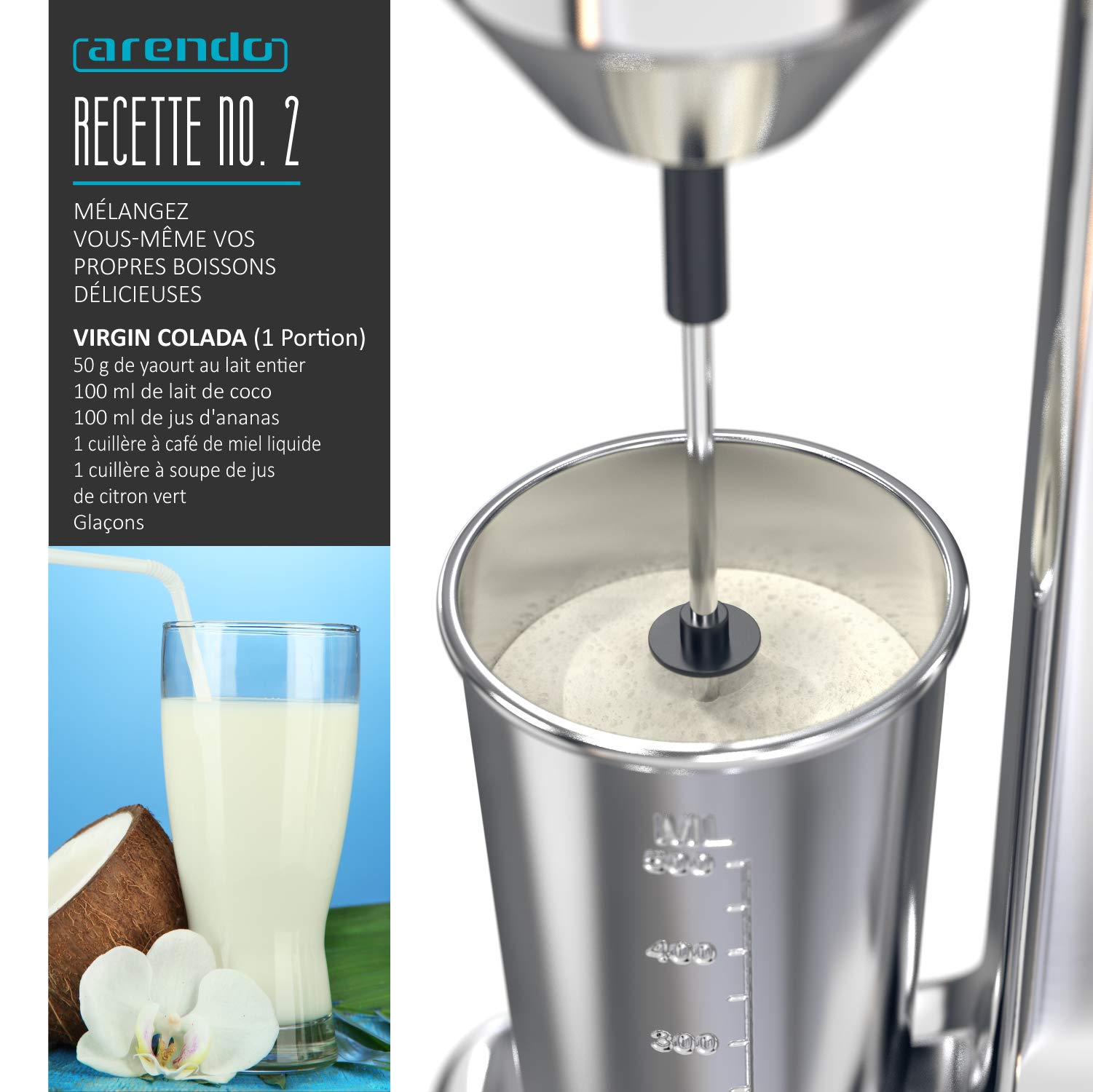 Arendo - Mixeur mélangeur de boissons, Mixer Plongeantblender shaker, Mixeur électrique cuisine, 2 vitesses 22.000 tr/min, Récipient 500ml inox, pour boissons protéinées Smoothies Milkshakes Cocktails