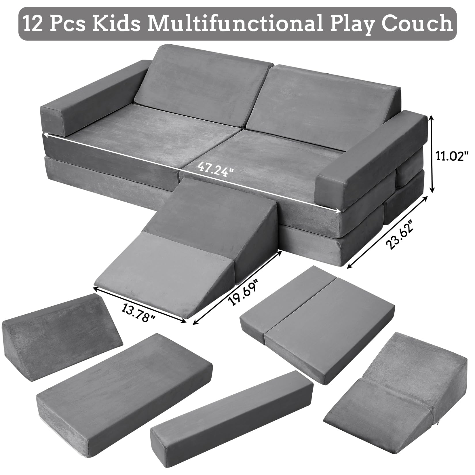 Canapé de Jeu modulable Enfant 12 pièces en Mousse Convertible – Blocs à Construire cabane/Tunnel/Toboggan + Coin Lecture – Housses en Velours lavables – canapé de Sol – Couleur : Gris