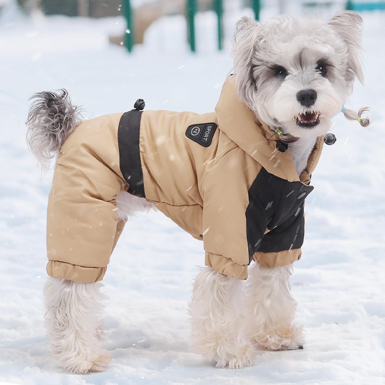 Caldo cappotto per cani con cappuccio, impermeabile antivento invernale integrale per cani, tuta da neve, abbigliamento regolabile per animali domestici (marrone, M)