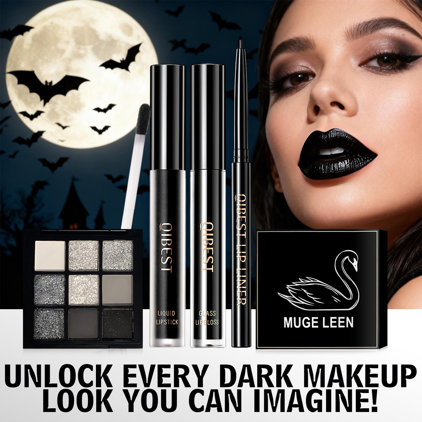 Set de Maquillaje Gótico, Negro Líquido Pintalabios con Delineador y Brillo, Paleta de Sombras de Ojos Ahumadas 9 Colores, Impermeable y de Larga Duración, para Carnaval Halloween