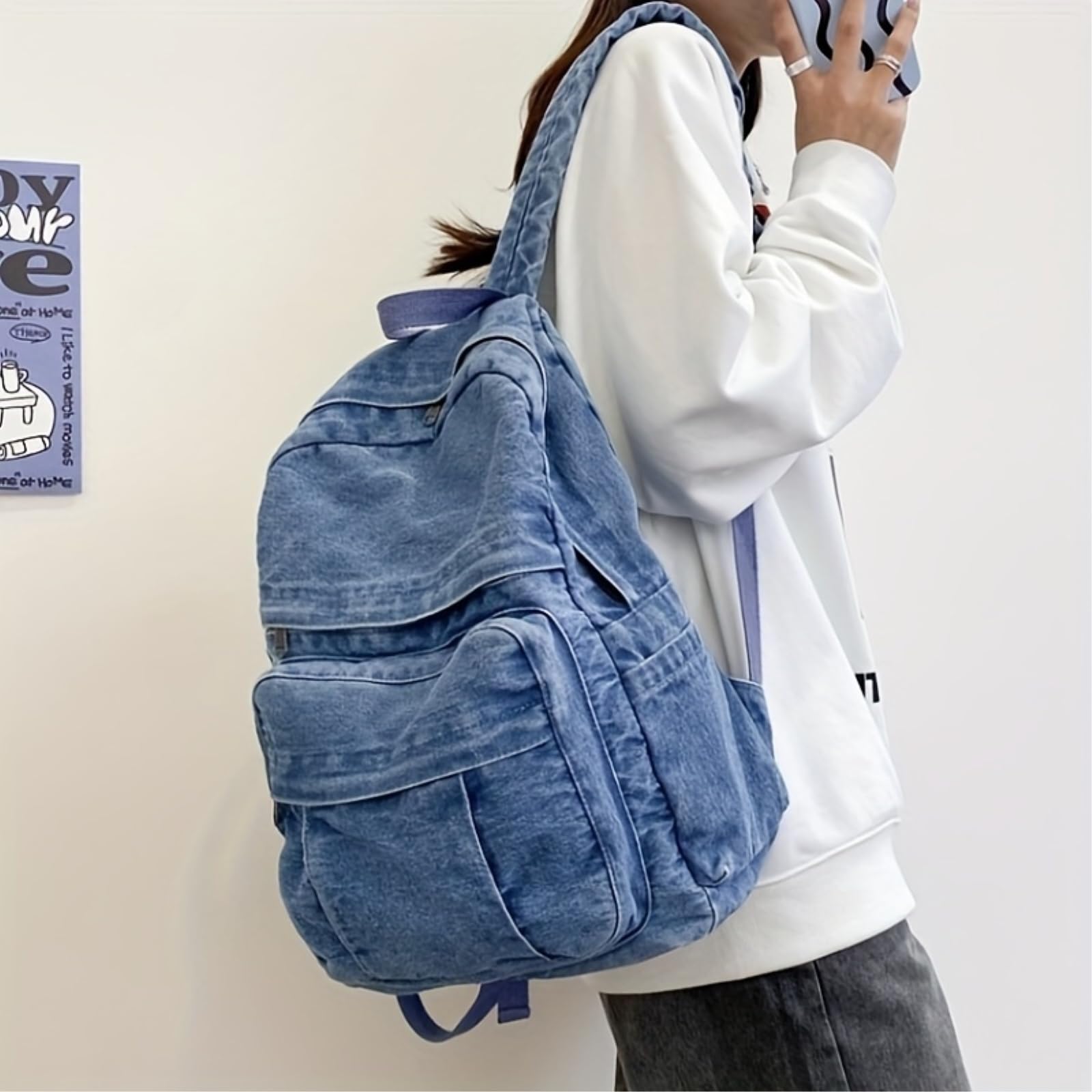 Zaino da Viaggio Borsa di Versatile - in Denim Stile Vintage per Le Donne Grande capacità Adatto Gli Studenti delle Scuole Superiori E Universitarie-Light Blue
