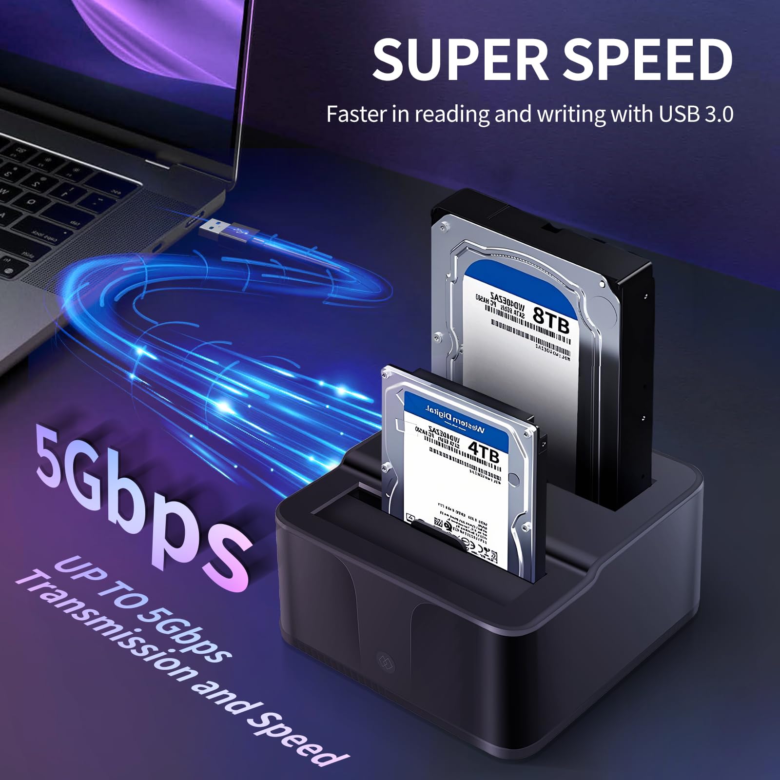 Docking station per dischi rigidi Dual Bay USB 3.0 in alluminio HDD SSD Dock con clonazione offline per SATA I/II/III, UASP 6Gbps, lettore di schede SD/TF, supporta 2x16TB di memoria